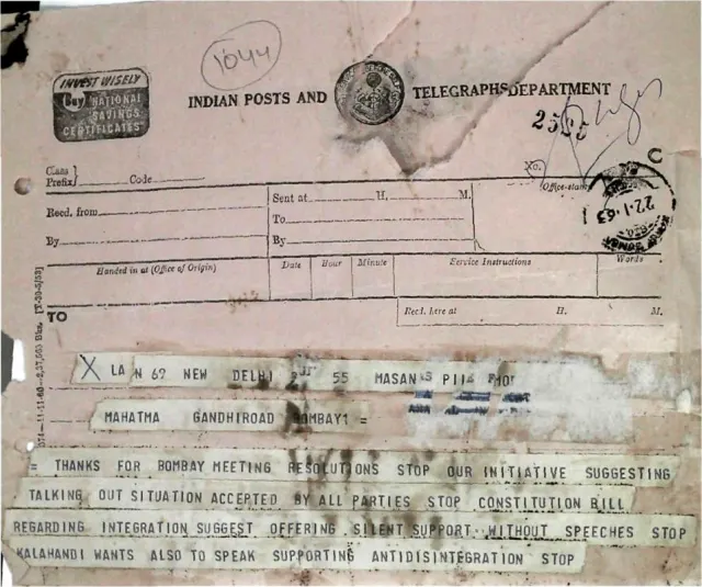 First page of Telegram to Mr Minoo Masani