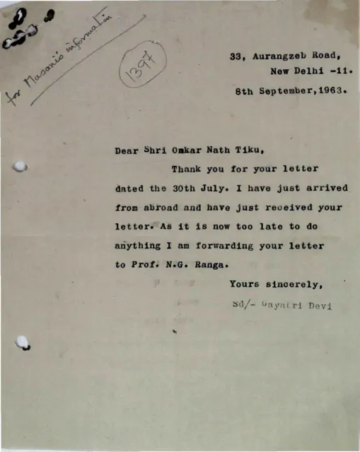 First page of Letter to Omkar Nath Tiku