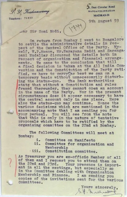 First page of Letter to Mr Homi Modi