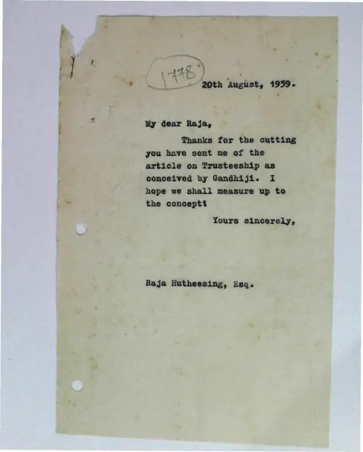 First page of Letter to Raja Hutheesing