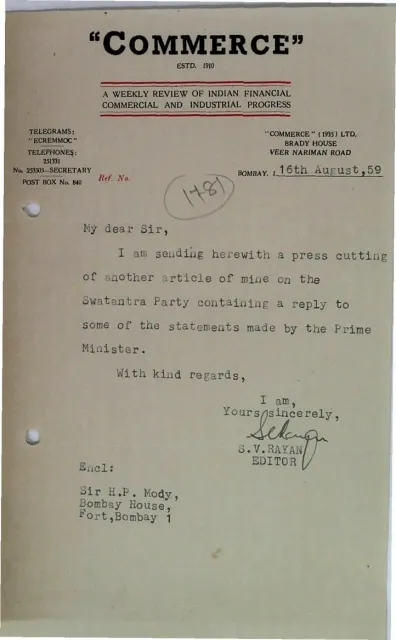 First page of Letter to Mr Homi Modi