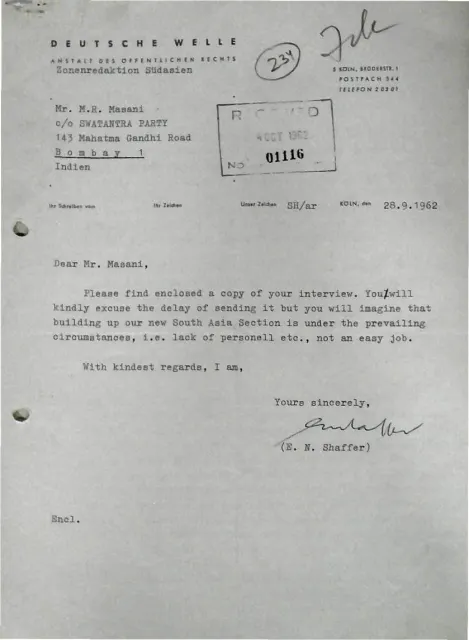 First page of Letter to Mr Minoo Masani