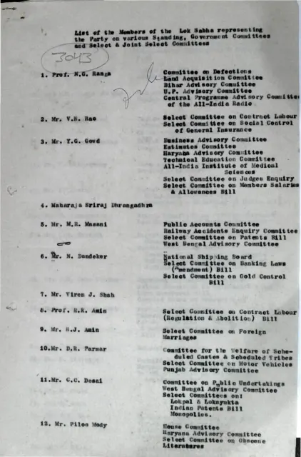 First page of List of the Members of the Lok Sabha representing the Party on various Standing, Government Committees and Select & Joint Select Committees