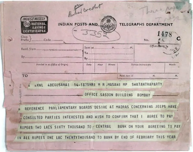 First page of Telegram to Mr Minoo Masani