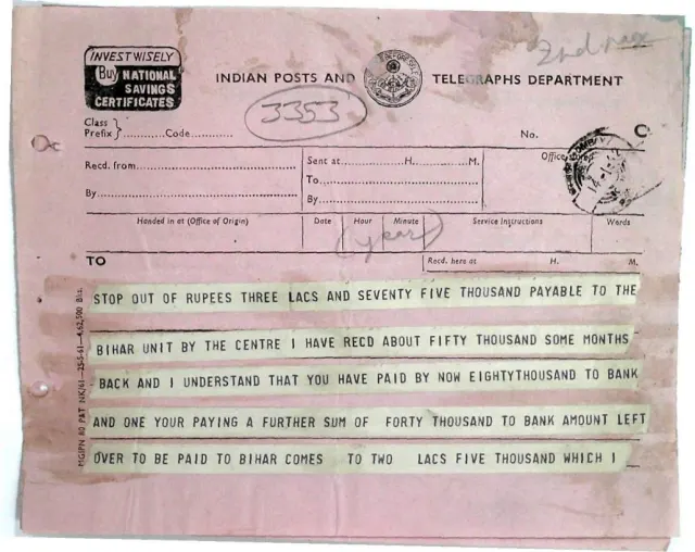 First page of Telegram of Swatantra Party