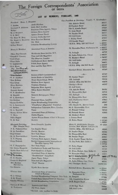 First page of LIST OF MEMBERS, FEBRUARY, 1960
