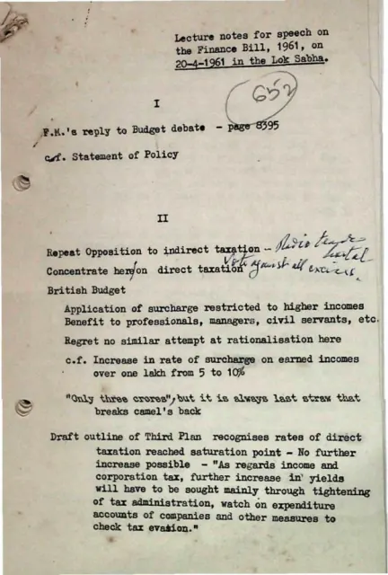 First page of Lecture notes for speech on the Finance Bill, 1961, on 20-4-1961 in the Lok Sabha.