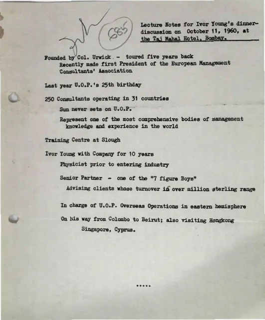 First page of Lecture Notes for Ivor Young's dinner-discussion on October 11, 1960, at the Taj Mahal Hotel, Bombay.