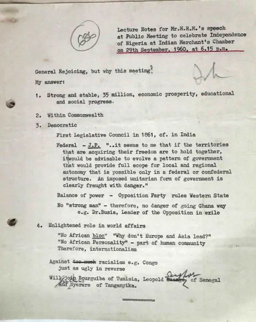 First page of Lecture Notes for Mr.M.R.M.'s speech at Public Meeting to celebrate Independence of Nigeria at Indian Merchant's Chamber on 29th September, 1960, at 6.15 p.m.